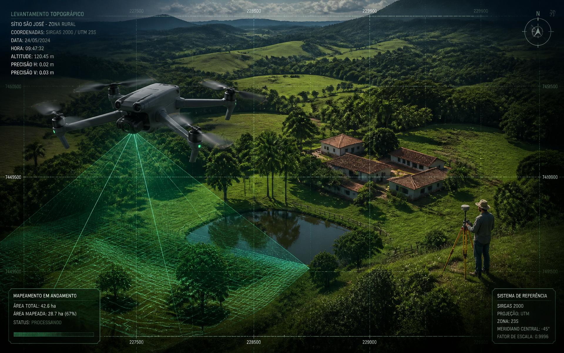 Drone realizando levantamento topográfico sobre propriedade rural